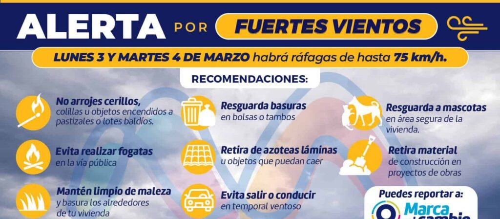 Alerta municipio por ráfagas de vientos de hasta 75 km/h para este 3 y 4 de marzo